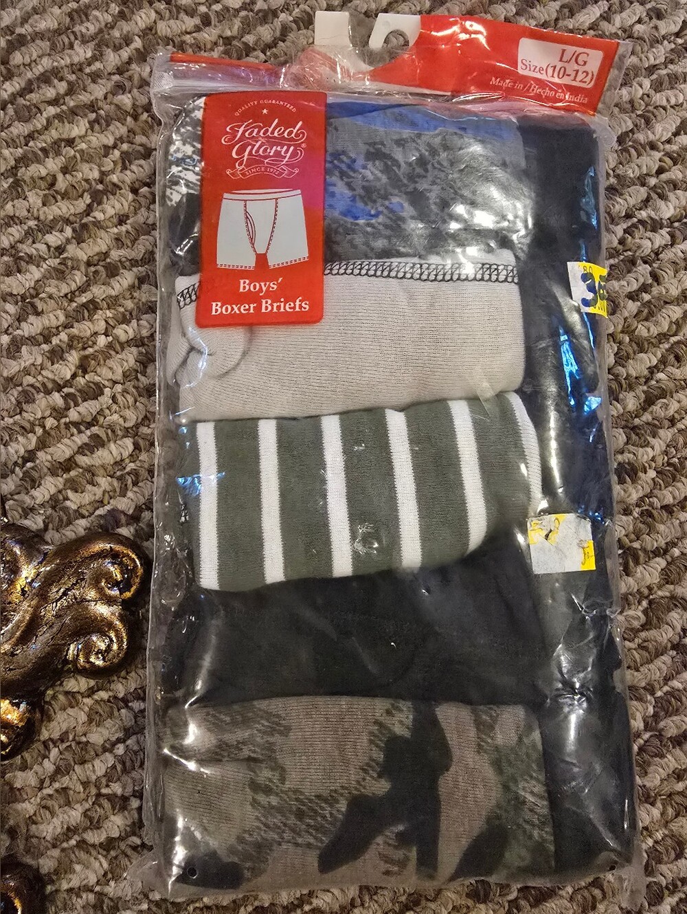 Faded Glory Boy Boxer Briefs Green, Black, Tan, Cream, Camouflage 6 New Socks